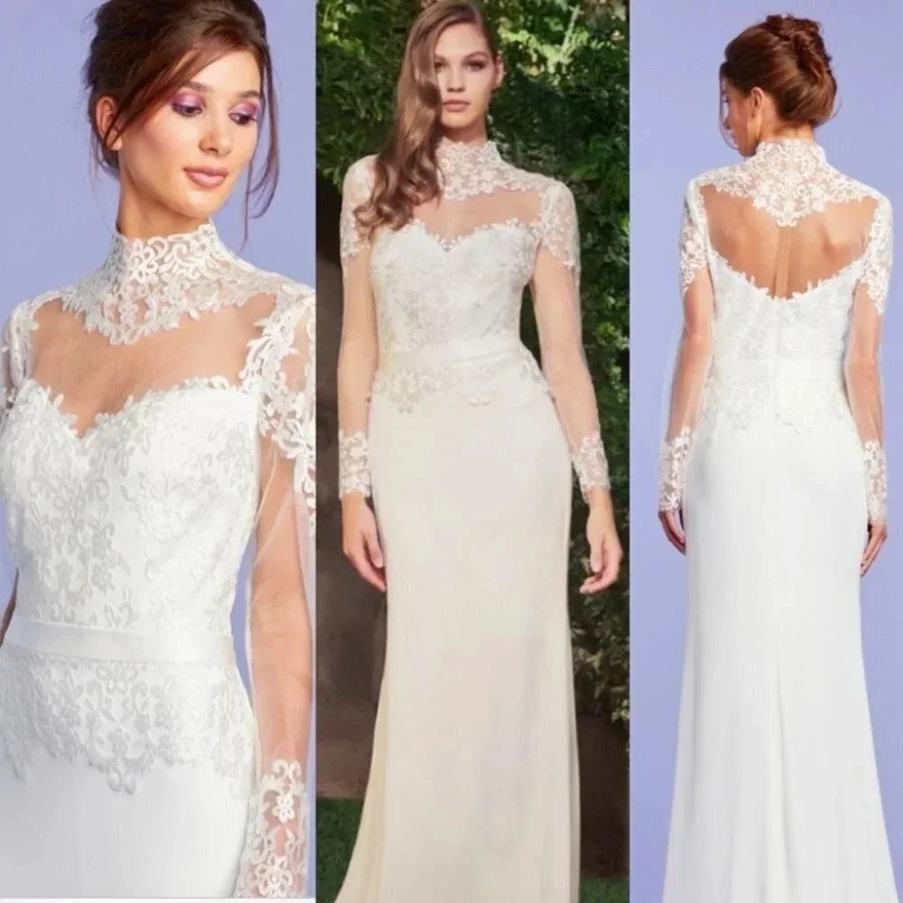 Tadashi Shoji Bridal‎ Prescott Floral Lace Long Sleeve Sheer Illusion Gown Ivory